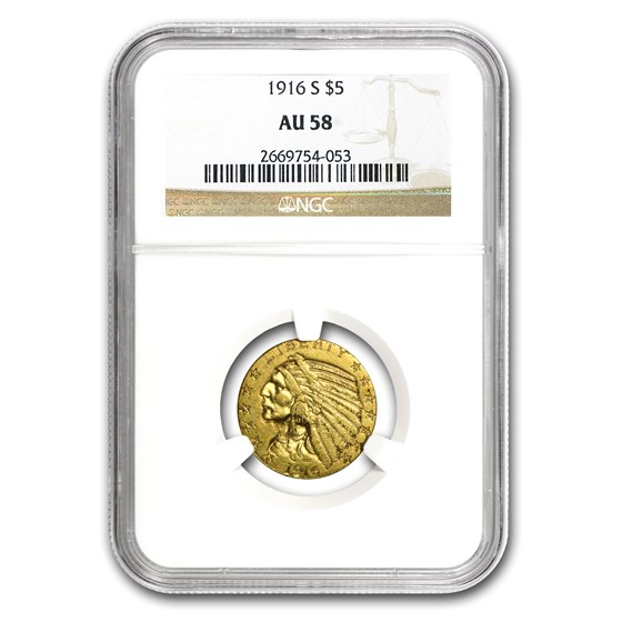 1916-S $5 Indian Gold Half Eagle AU-58 NGC (Strong Mint mark) 1916-S $5 Indian Gold Half Eagle AU-58 NGC (Strong Mint mark)