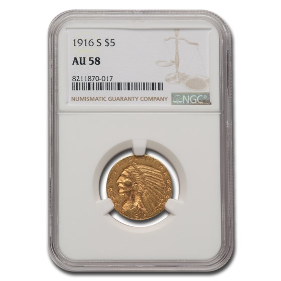 1916-S $5 Indian Gold Half Eagle AU-58 NGC 1916-S $5 Indian Gold Half Eagle AU-58 NGC