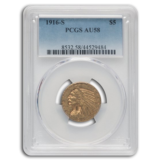 1916-S $5 Indian Gold Half Eagle AU-58 PCGS 1916-S $5 Indian Gold Half Eagle AU-58 PCGS