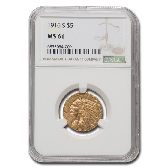 1916-S $5 Indian Gold Half Eagle MS-61 NGC