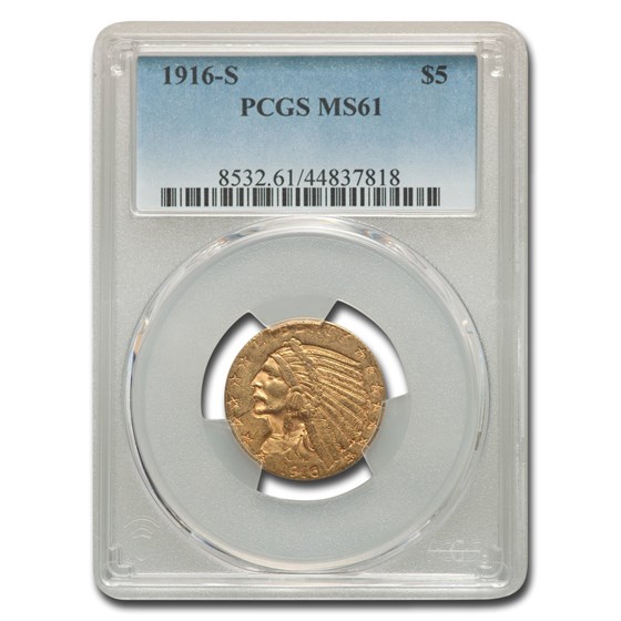1916-S $5 Indian Gold Half Eagle MS-61 PCGS 1916-S $5 Indian Gold Half Eagle MS-61 PCGS