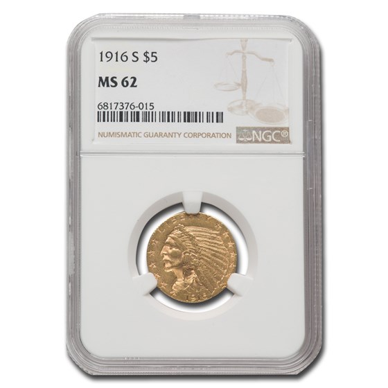 1916-S $5 Indian Gold Half Eagle MS-62 NGC