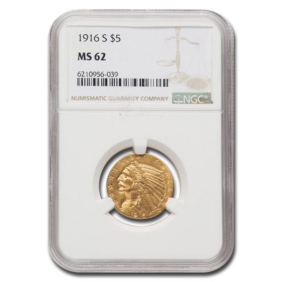 1916-S $5 Indian Gold Half Eagle MS-62 NGC 1916-S $5 Indian Gold Half Eagle MS-62 NGC