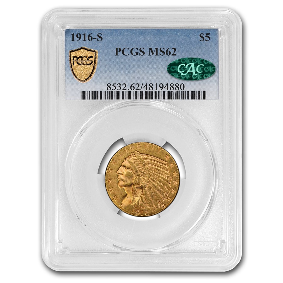 1916-S $5 Indian Gold Half Eagle MS-62 PCGS CAC