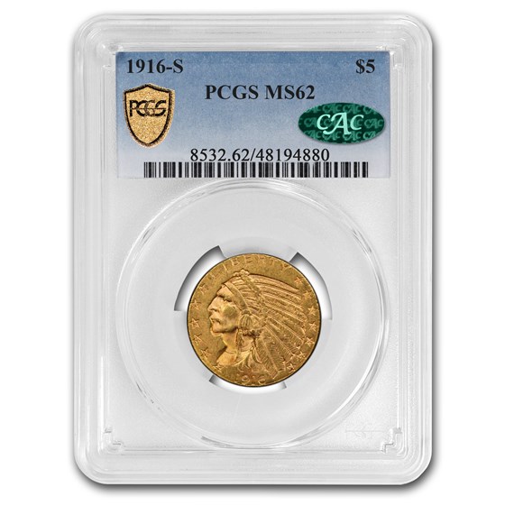 1916-S $5 Indian Gold Half Eagle MS-62 PCGS CAC 1916-S $5 Indian Gold Half Eagle MS-62 PCGS CAC