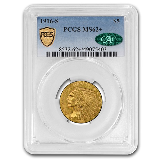 1916-S $5 Indian Gold Half Eagle MS-62+ PCGS CAC 1916-S $5 Indian Gold Half Eagle MS-62+ PCGS CAC