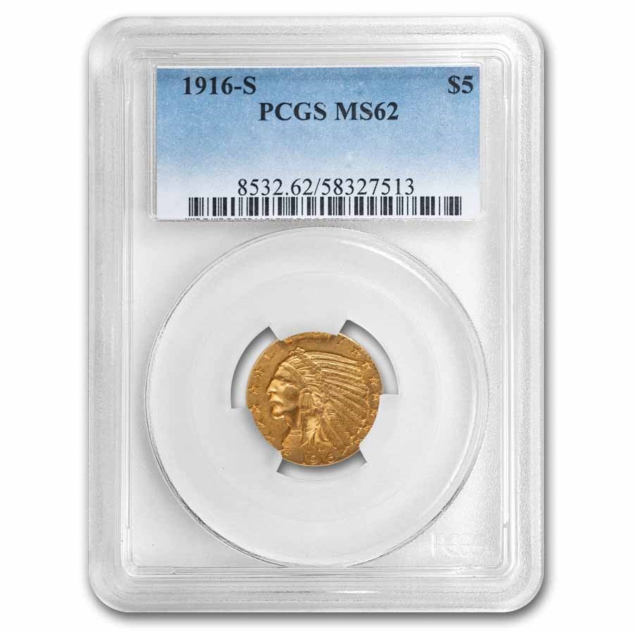 1916-S $5 Indian Gold Half Eagle MS-62 PCGS