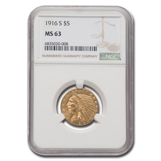 1916-S $5 Indian Gold Half Eagle MS-63 NGC 1916-S $5 Indian Gold Half Eagle MS-63 NGC
