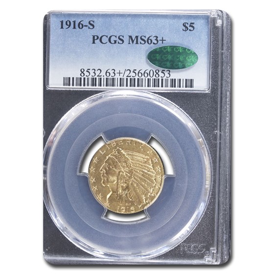 1916-S $5 Indian Gold Half Eagle MS-63+ PCGS CAC 1916-S $5 Indian Gold Half Eagle MS-63+ PCGS CAC