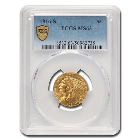 1916-S $5 Indian Gold Half Eagle MS-63 PCGS 1916-S $5 Indian Gold Half Eagle MS-63 PCGS