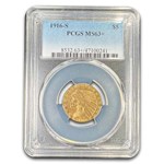 1916-S $5 Indian Gold Half Eagle MS-63+ PCGS