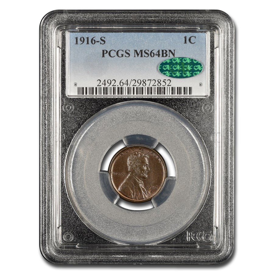 1916-S Lincoln Cent MS-64 PCGS CAC (Brown)