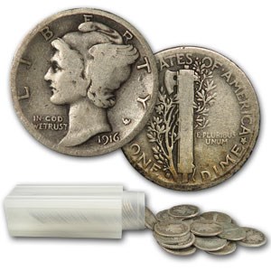 1916-S Mercury Dime 50-Coin Roll Avg Circ