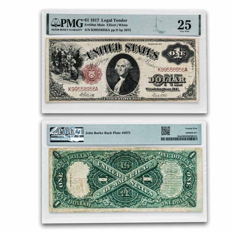 1917 $1.00 Legal Tender CH VF-25 PMG (Fr#38M) Burke Back Plate