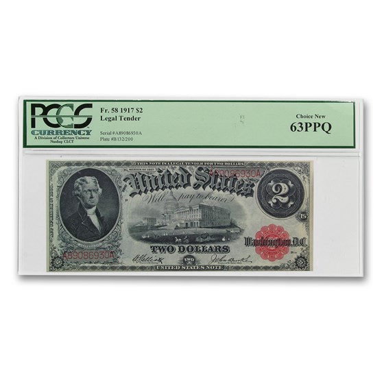 1917 $2.00 Legal Tender CU-63 PPQ PCGS 1917 $2.00 Legal Tender CU-63 PPQ PCGS