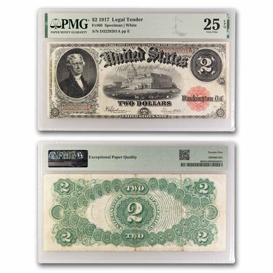 1917 $2.00 Legal Tender Jefferson VF-25 EPQ PMG (Fr#60) 1917 $2.00 Legal Tender Jefferson VF-25 EPQ PMG (Fr#60)