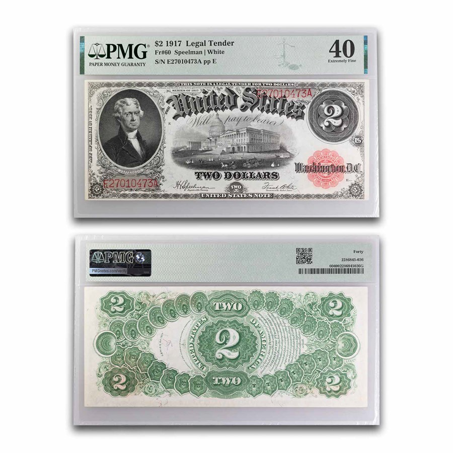 1917 $2.00 Legal Tender Jefferson XF-40 PMG (Fr#60) Bracelet