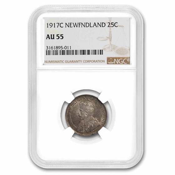 1917-C Newfoundland Silver 25 Cents George V AU-55 NGC 1917-C Newfoundland Silver 25 Cents George V AU-55 NGC