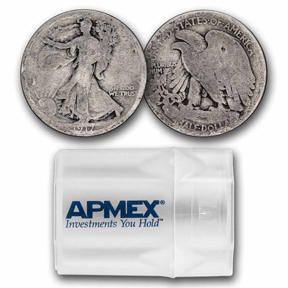 1917-D Rev Walking Liberty Halves 20-Coin Roll Avg Circ