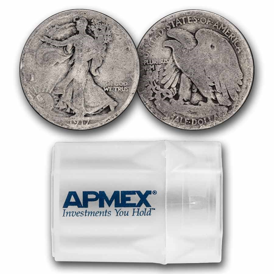 1917-D Rev Walking Liberty Halves 20-Coin Roll Avg Circ