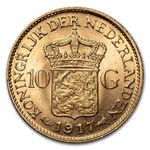 1917 Netherlands Gold 10 Gulden Wilhelmina I BU