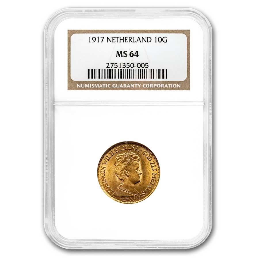 1917 Netherlands Gold 10 Gulden Wilhelmina MS-64 NGC