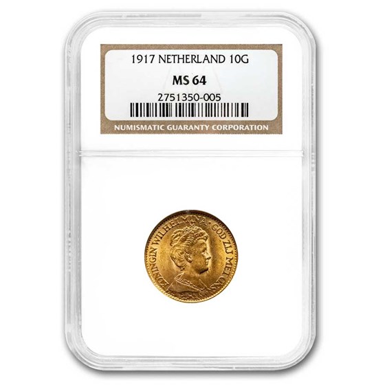1917 Netherlands Gold 10 Gulden Wilhelmina MS-64 NGC 1917 Netherlands Gold 10 Gulden Wilhelmina MS-64 NGC