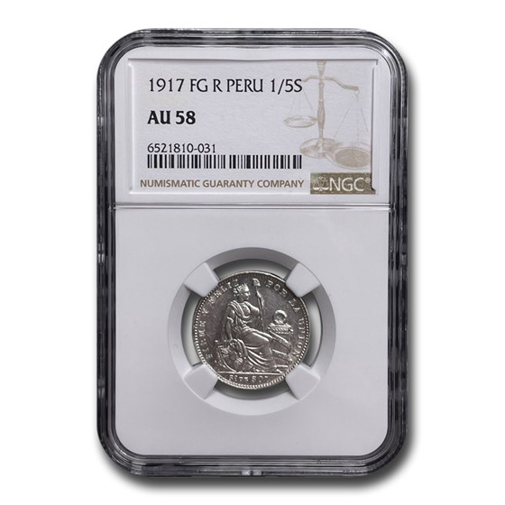 1917 Peru Silver 1/5 Sol AU-58 NGC 1917 Peru Silver 1/5 Sol AU-58 NGC