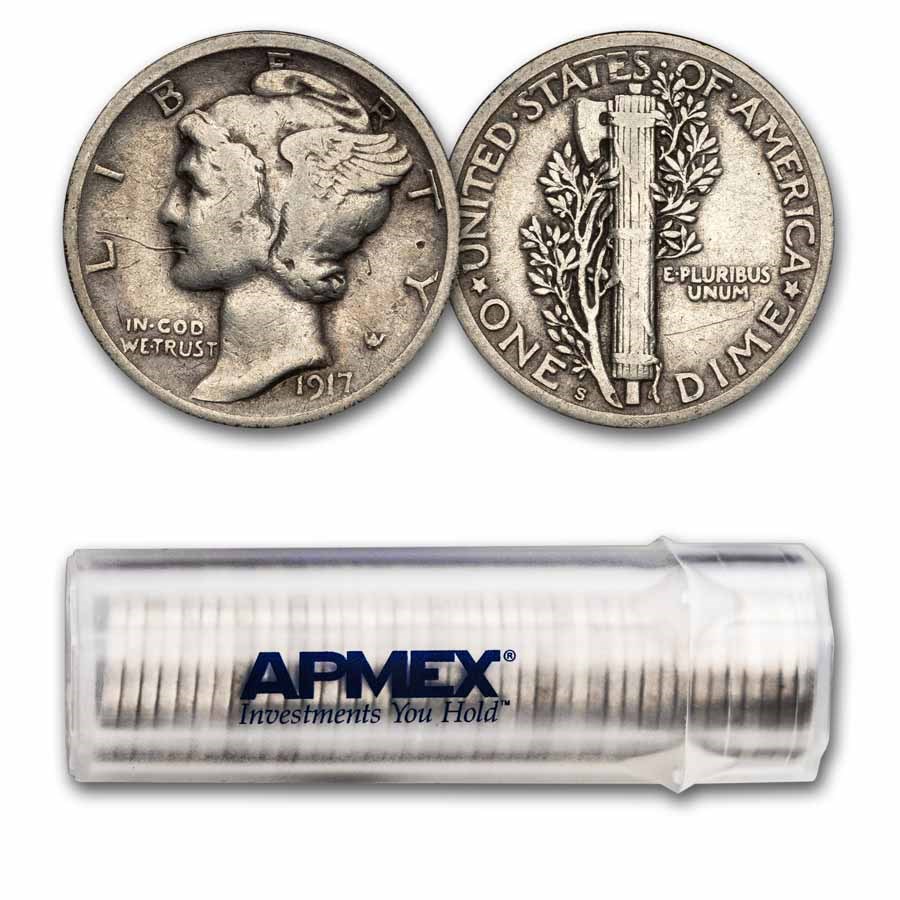 1917-S Mercury Dime 50-Coin Roll Avg Circ