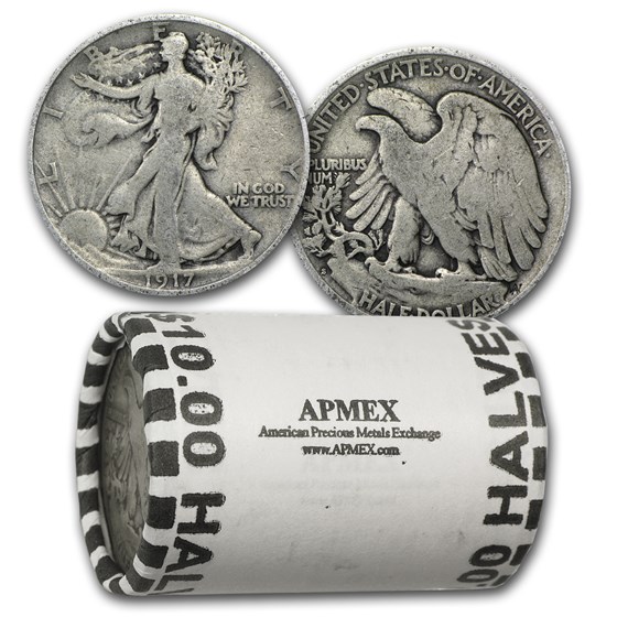 1917-S (Mix Obv/Rev) Walking Liberty Halves 20-Coin Roll Avg Circ