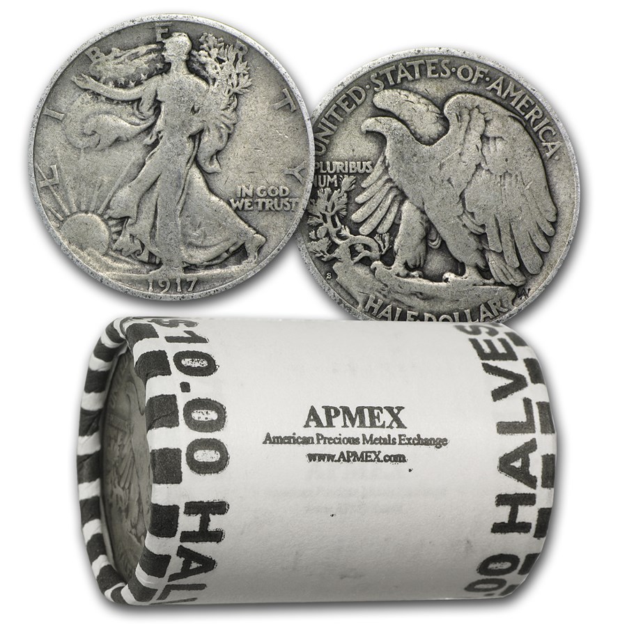 1917-S (Mix Obv/Rev) Walking Liberty Halves 20-Coin Roll Avg Circ