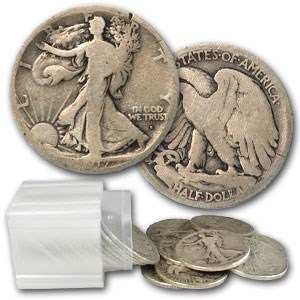 1917-S Obverse Walking Liberty Half Dollar 20-Coin Roll Avg Circ