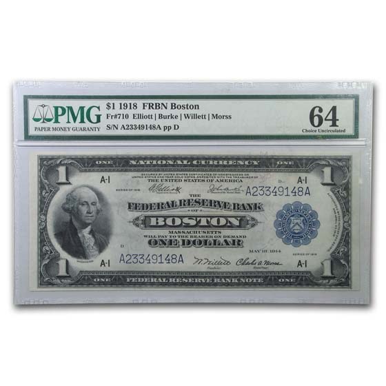 1918 (A-Boston) $1.00 FRBN CU-64 PMG (Fr#710) 1918 (A-Boston) $1.00 FRBN CU-64 PMG (Fr#710)