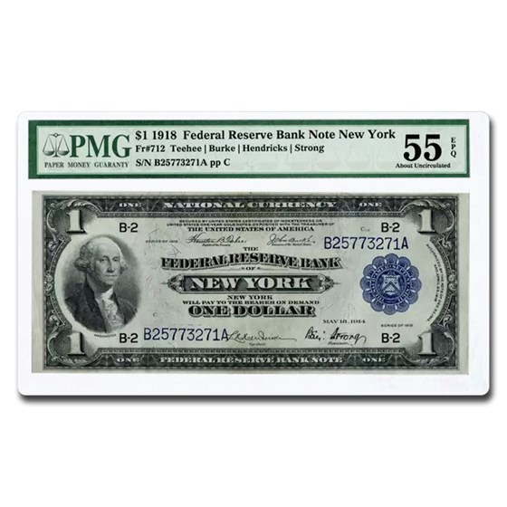 1918 (B-New York) $1.00 FRBN AU-55 EPQ PMG (Fr#712) 1918 (B-New York) $1.00 FRBN AU-55 EPQ PMG (Fr#712)