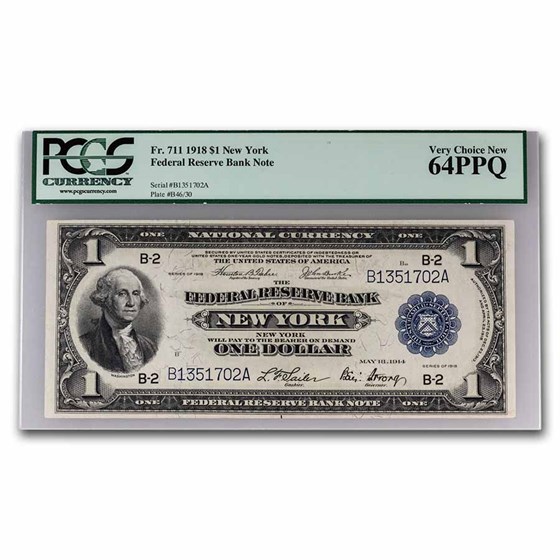 1918 (B-New York) $1.00 FRBN CH CU-64 PPQ PCGS (Fr#711) 1918 (B-New York) $1.00 FRBN CH CU-64 PPQ PCGS (Fr#711)