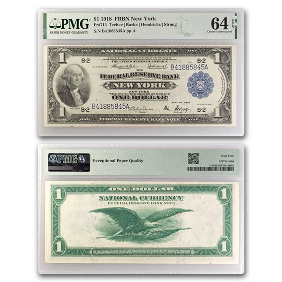1918 (B-New York) $1.00 FRBN CU-64 EPQ PMG (Fr#712) 1918 (B-New York) $1.00 FRBN CU-64 EPQ PMG (Fr#712)