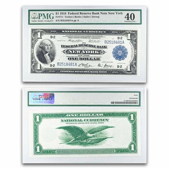1918 (B-New York) $1.00 FRBN XF-40 PMG (Fr#711)
