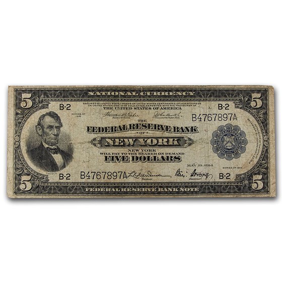 1918 (B-New York) $5.00 FRBN Fine (Fr#782) 1918 (B-New York) $5.00 FRBN Fine (Fr#782)