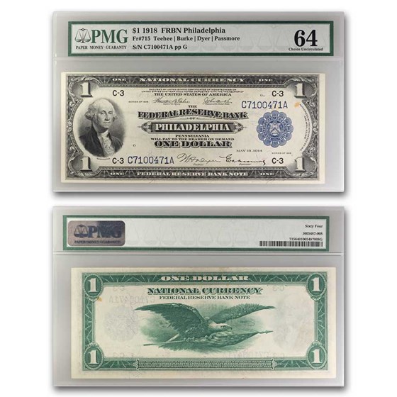 1918 (C-Philadelphia) $1.00 FRBN CU-64 PMG (Fr#715) 1918 (C-Philadelphia) $1.00 FRBN CU-64 PMG (Fr#715)