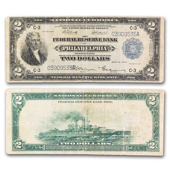 1918 (C-Philadelphia) $2.00 FRBN Battleship Fine (Fr#756) 1918 (C-Philadelphia) $2.00 FRBN Battleship Fine (Fr#756)