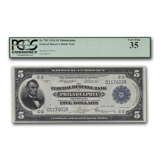 1918 (C-Philadelphia) $5.00 FRBN VF-35 PCGS 1918 (C-Philadelphia) $5.00 FRBN VF-35 PCGS