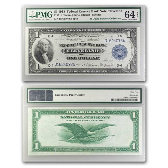 1918 (D-Cleveland) $1.00 FRBN CU-64 EPQ PMG (Fr#718) 1918 (D-Cleveland) $1.00 FRBN CU-64 EPQ PMG (Fr#718)