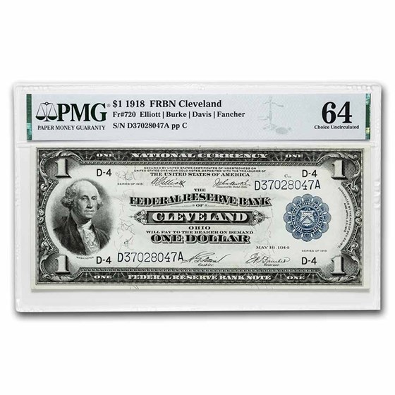 1918 (D-Cleveland) $1.00 FRBN CU-64 PMG (Fr#720) 1918 (D-Cleveland) $1.00 FRBN CU-64 PMG (Fr#720)
