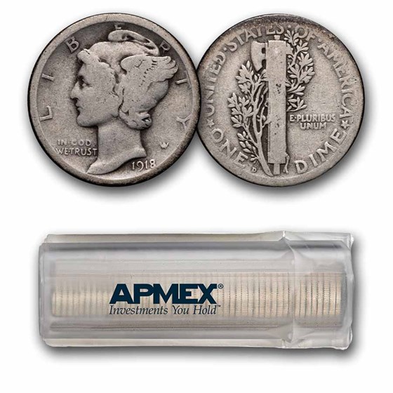 1918-D Mercury Dime 50-Coin Roll Avg Circ