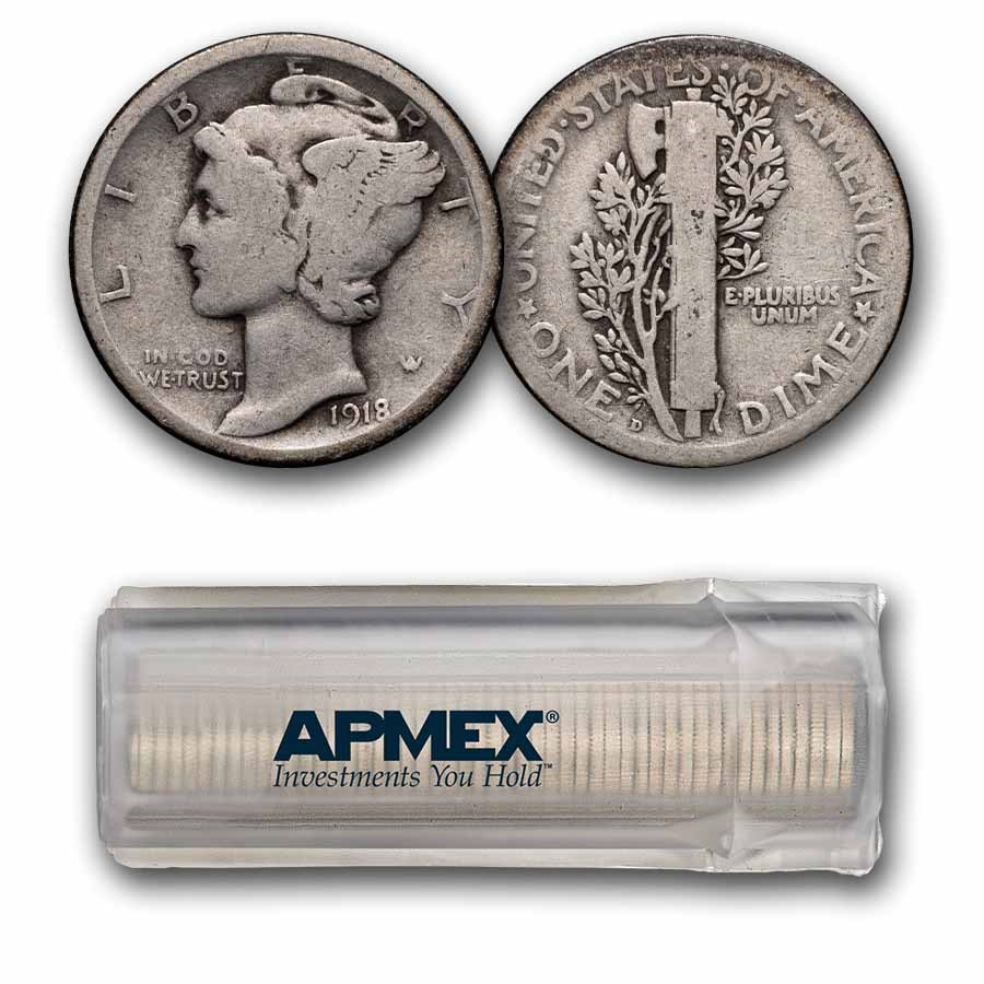 1918-D Mercury Dime 50-Coin Roll Avg Circ