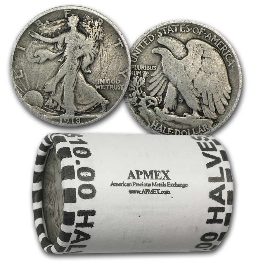 1918-D Walking Liberty Halves 20-Coin Roll Avg Circ