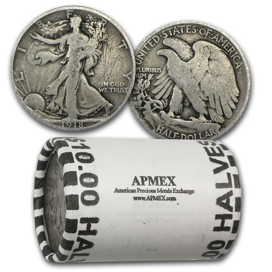 1918-D Walking Liberty Halves 20-Coin Roll Avg Circ 1918-D Walking Liberty Halves 20-Coin Roll Avg Circ
