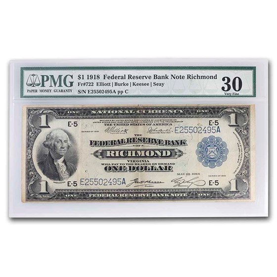 1918 (E-Richmond) $1.00 FRBN VF-30 PMG (Fr#722) 1918 (E-Richmond) $1.00 FRBN VF-30 PMG (Fr#722)