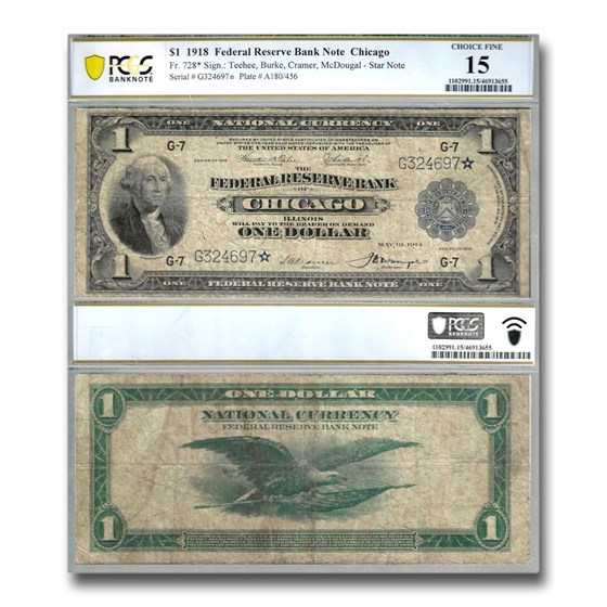 1918 (G-Chicago) $1.00 FRBN Fine-15 (Fr#728*) Star Note! 1918 (G-Chicago) $1.00 FRBN Fine-15 (Fr#728*) Star Note!