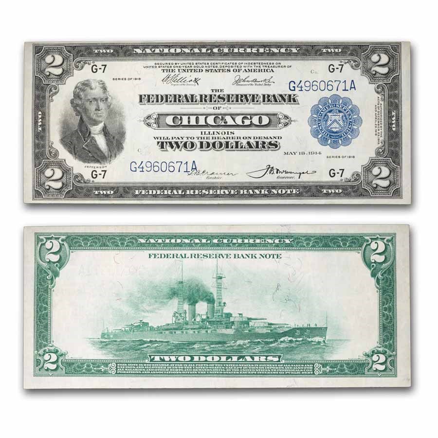 1918 (G-Chicago) $2 FRBN Battleship Very Fine (Fr#767)